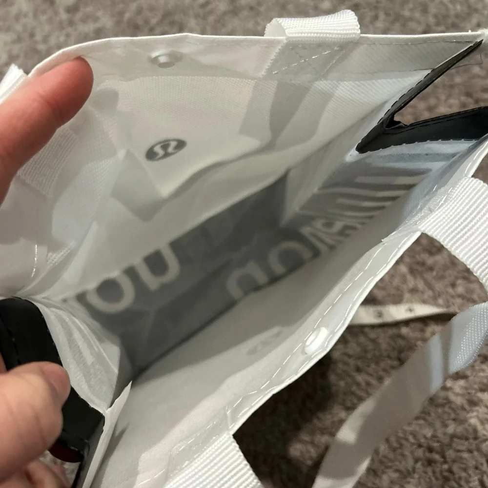 Lululemon Reusable Shopping Tote Bag White Black Logo‎ Snap Closure